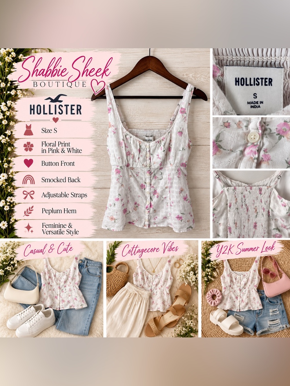 Hollister Size S Floral Cami Top White Pink Smocked Peplum